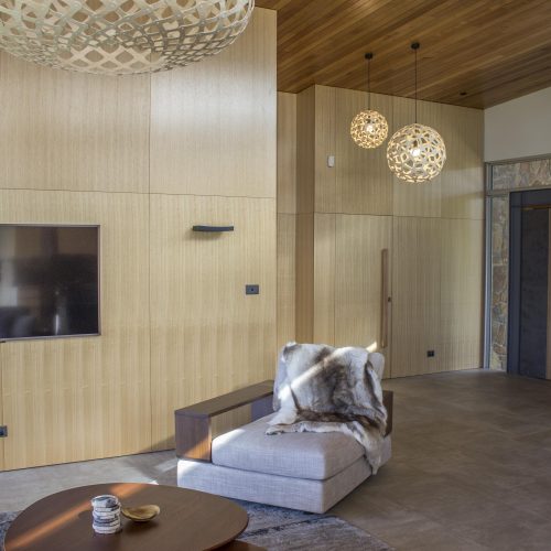 Timber-lined ceiling and wall panelling clear finished in a Pontypool living room