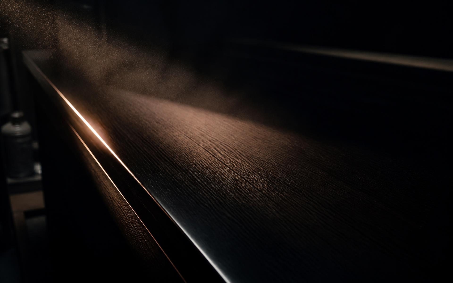 Hard raking light sweeping along the edge of a freshly coated timber panel