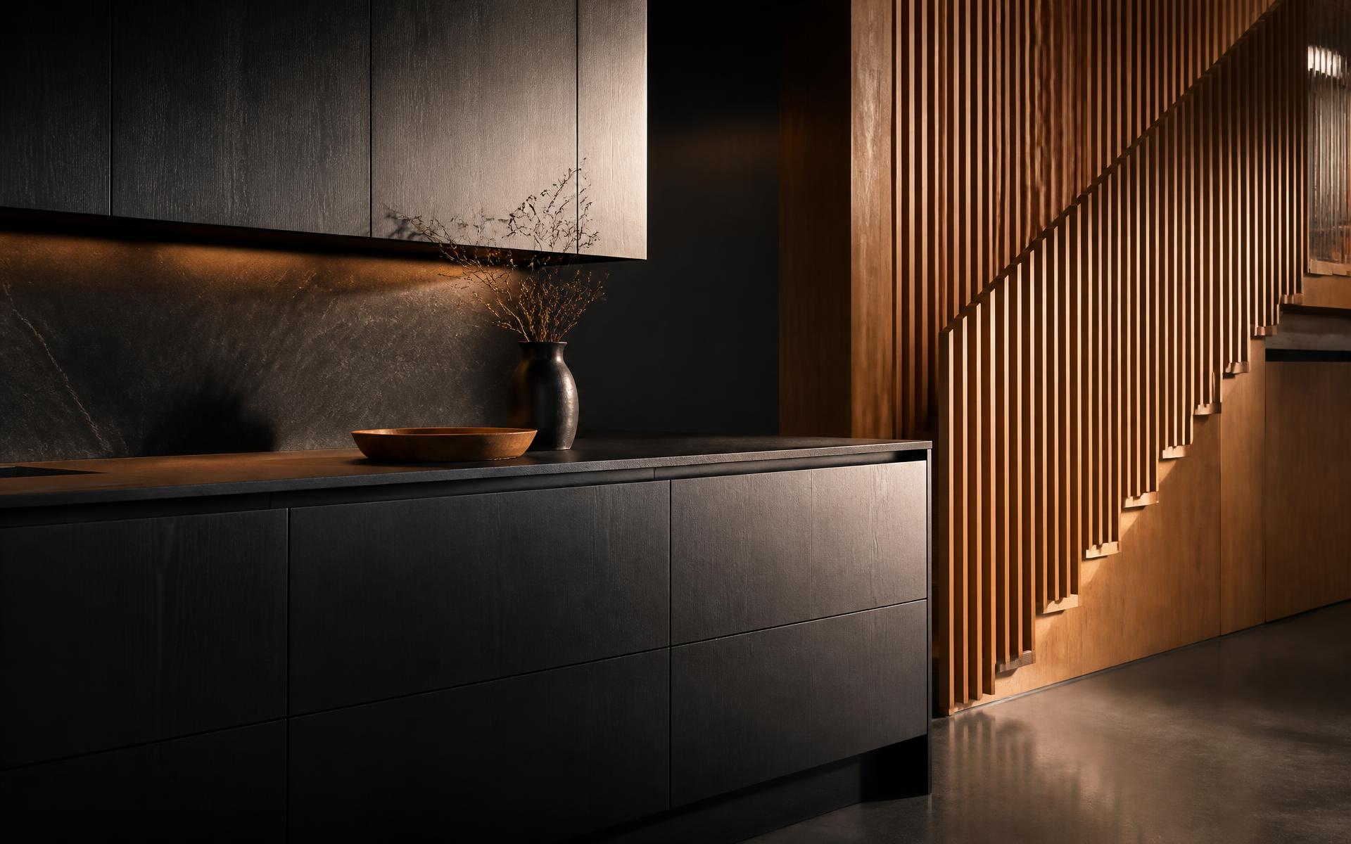 Residential timber finishing — sprayed satin kitchen cabinetry and timber batten staircase in a Hobart home