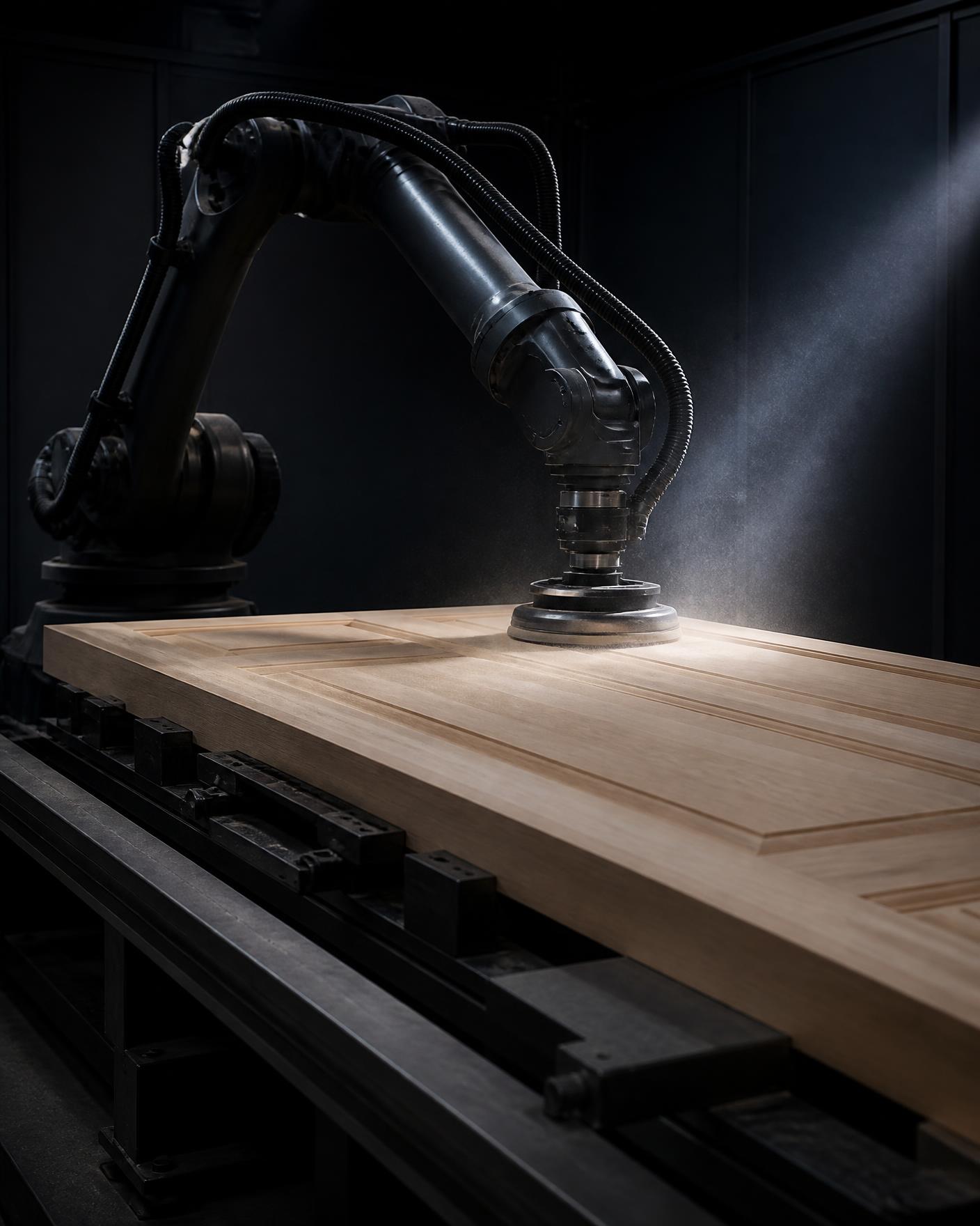 Robotic sanding arm working across a raw timber door blank in the workshop