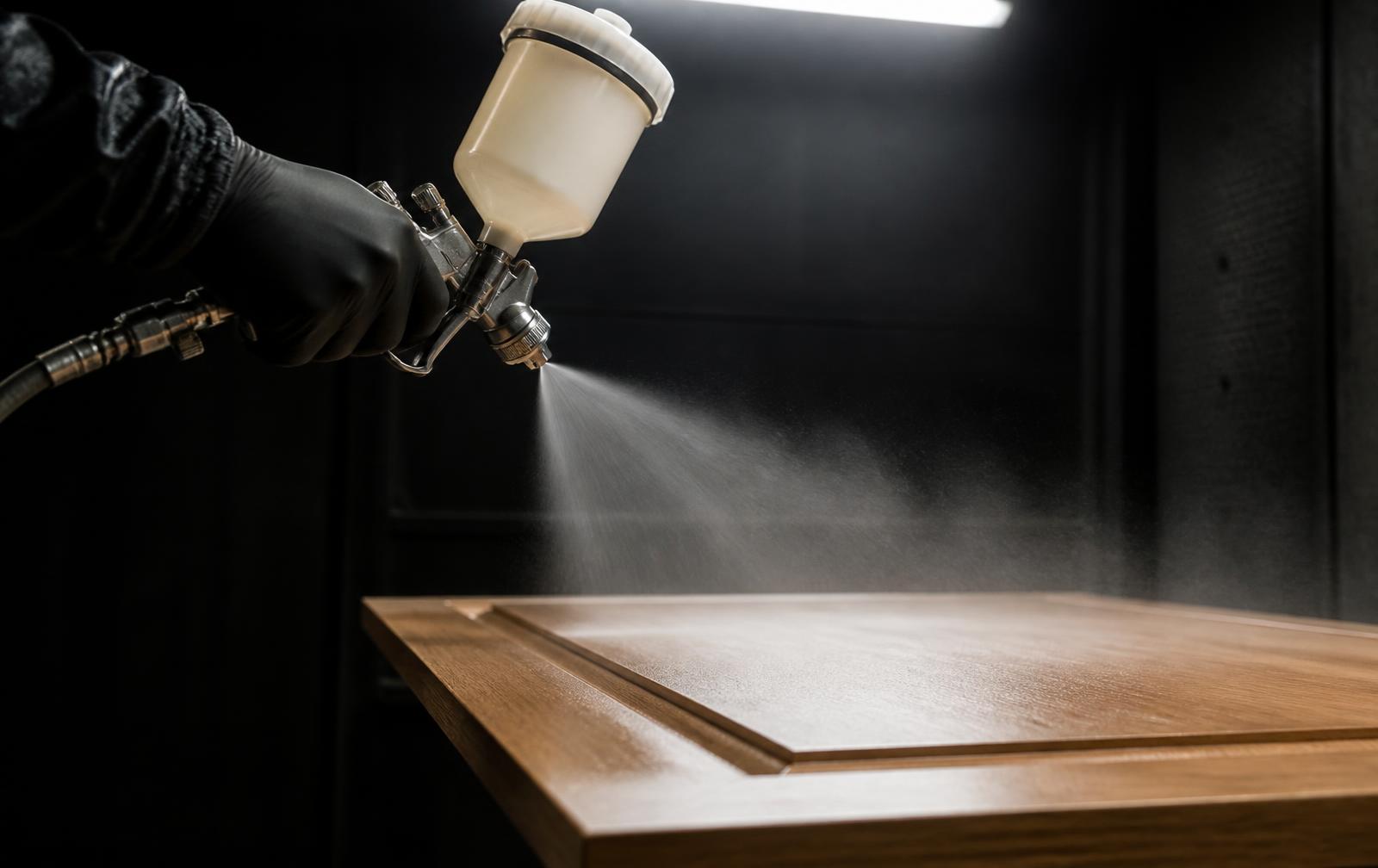 Spray gun laying an even fan of two-pack coating across a timber panel